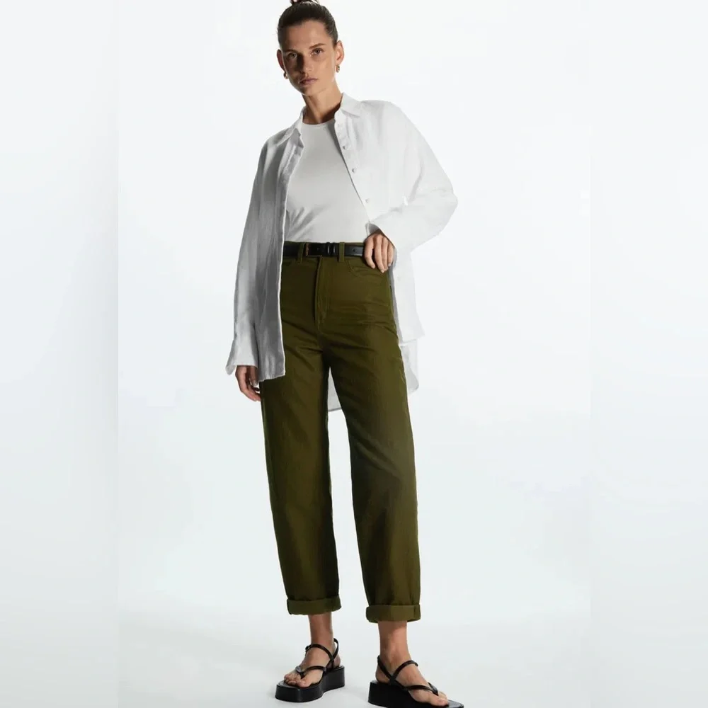 COS | Tapered Leg High Rise Chino Pants Trousers Textured Green Size 12 - Picture 1 of 9